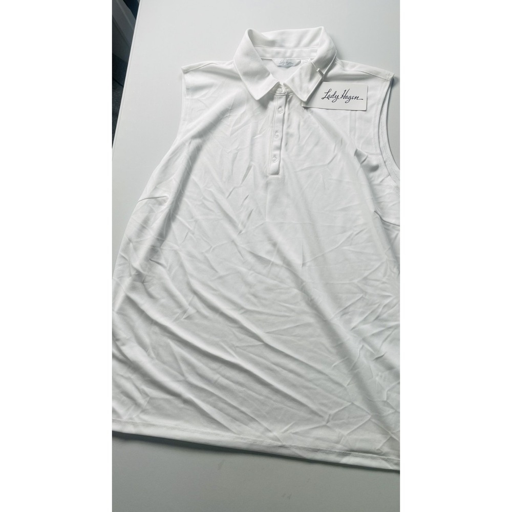Hagen women's 2XL pique sleeveless button up polo white